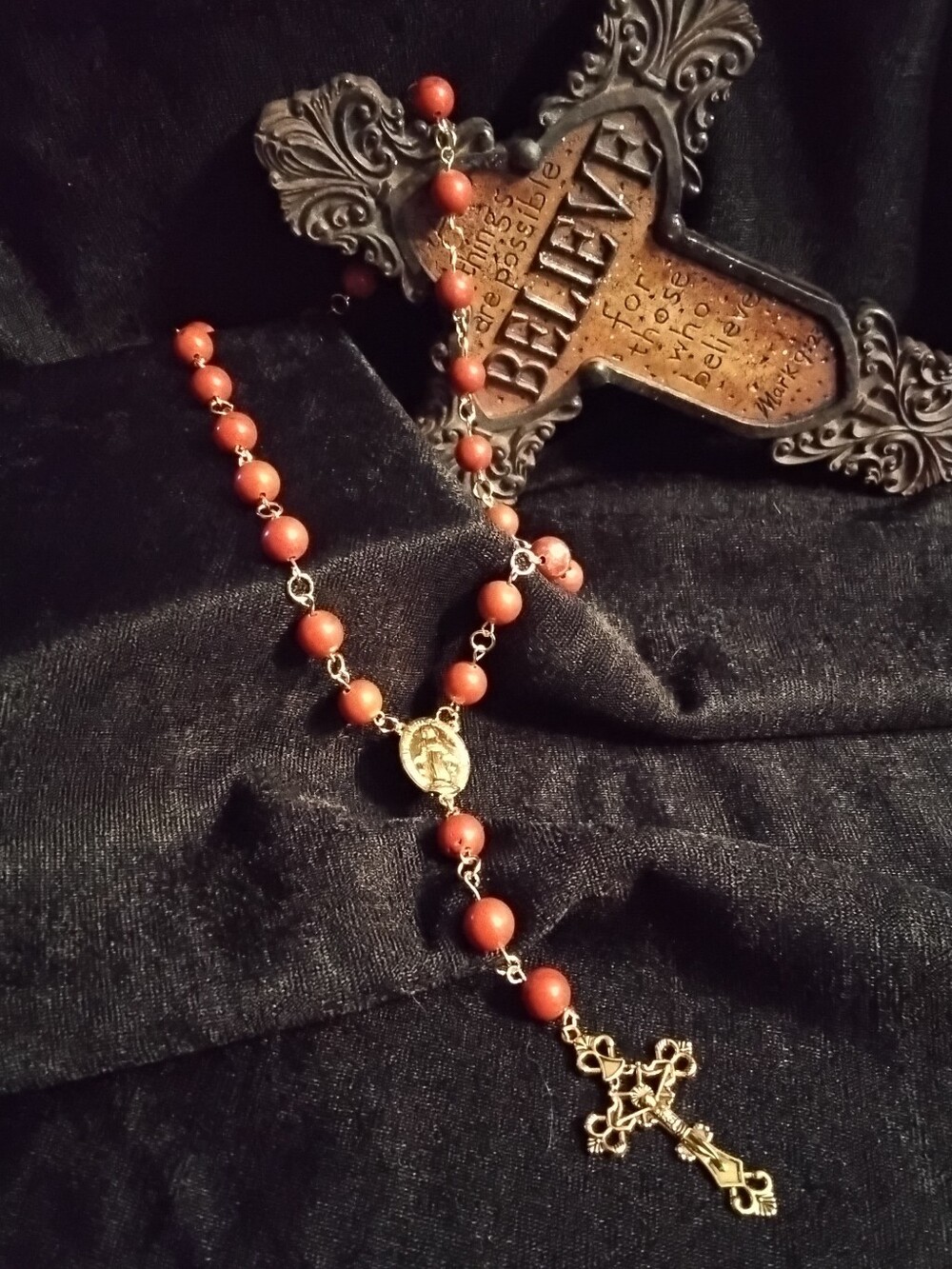 Classic Gold-Tone Rosary with Coral Beads